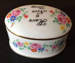 Crown Staffordshire Porcelain Oval Trinket Box with saying 