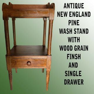 Antique England Pine Wash Stand With Wood Grain Finish & Single Drawer