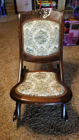 Antique Victorian Wood Folding Rocking Chair Tapestry Childs Rocker 1924 - 1927