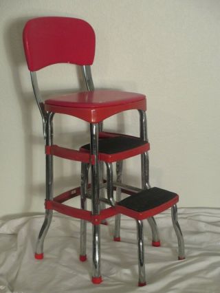 Kitchen Retro Vintage Cosco Red Step Stool Chair Ladder Metal Fold Out Padded