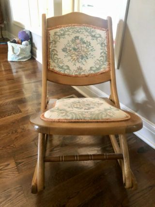 Vintage Folding Rocking Chair With Tapestry Upholstery