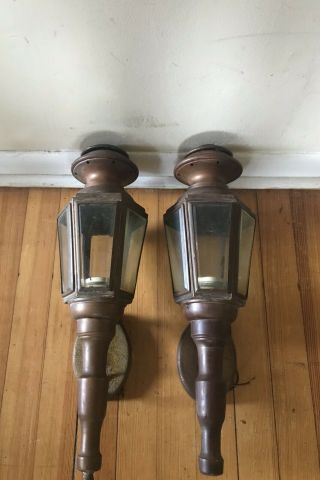 2 Vintage Copper Lantern Wall Sconce Light Fixture 6 Sided Beveled Glass