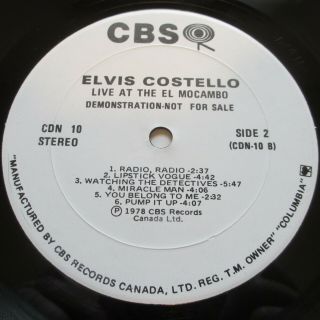 Elvis Costello Live At the El Mocambo Authorized issue of 3 - 6 - 78 concert LP 3