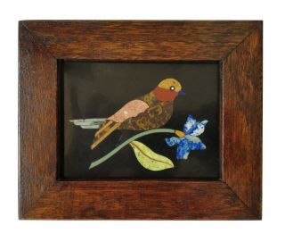 Handmade Colorful Bird Inlayed On Marble Pietra Dura Plaque Micro Mosaic Framed