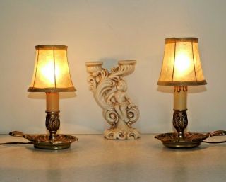 Lovely Pair French Vintage Wee Willie Winkie Brass Table Lamps Hide Shades 2099