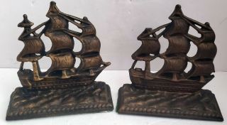 Vintage Brass Bookends Uss Constitution Nautical Sailing Ship Boat Or Door Stops
