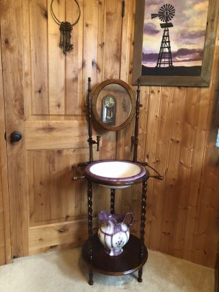 Vintage Wood Wash Stand With Pitcher,  Bowl,  Mirror,  Candle Holders,  Towel Rack 2