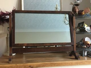 Antique Walnut Veneer Tilting Table Top Vanity Mirror Brass Handles Foxed Lovely