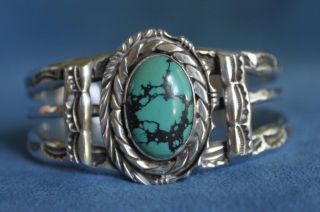 Heavy Vintage Mystery Signed Navajo Sterling Silver Turquoise Petite Bracelet