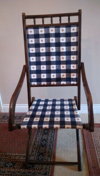 Military Antique Oak Folding Campaign Chair Newly Re - Upholstered