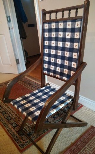 Military Antique Oak Folding Campaign Chair Newly Re - Upholstered 2