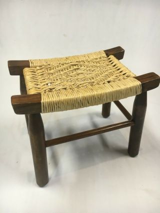 Vintage Mid Century Foot Stool With Wicker Seat
