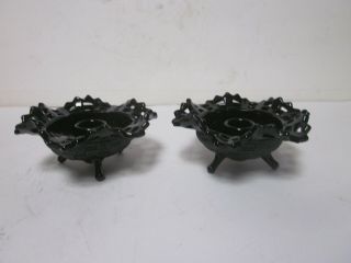 Vintage Basket Weave Black Glass Candle Stick Holders 2 - 3/8 " Tall 5 " Across