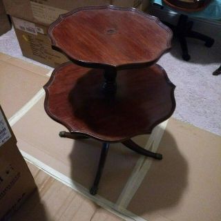 Two Tier Round Mahogany Pie Crust Table With Flared Out Legs