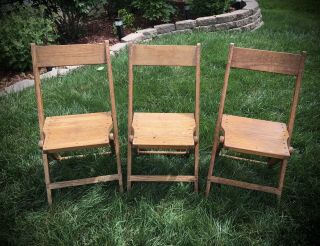 Set Of 3 Vintage Snyder Antique Wood Oak Wooden Folding Chairs