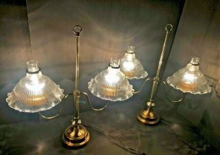 Vintage Double Arm Brass Student Table Lamp With Glass Shades Hurricane