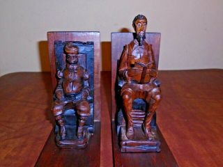 Vintage Bookends Don Quixote & Sancho Panza Wood Hand Carved Ouro Spain 92 - A