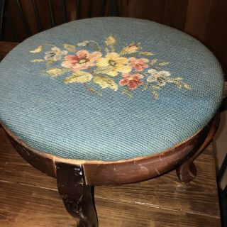 Antique Needlepoint Round Foot Stool Ottoman Curved Wooden Legs Flowers Blue