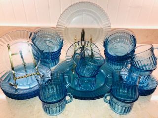 Vintage Ribbed Blue Glass Dinnerware Set Service For 8 Forte Crisa (- 3 Plates)