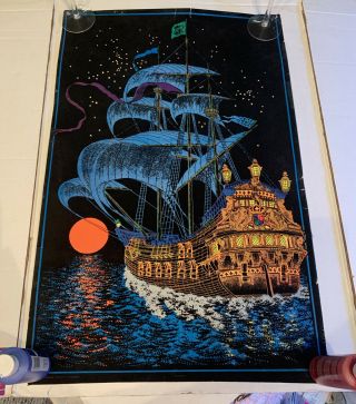 Vintage 1970’s Blacklight Poster “moonship” Flocked Blacklight Poster Nautical