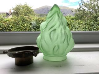 Art Deco Green Frosted Glass Flame / Torch Lampshade & Brass Fitting