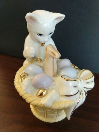 Lenox Cat Figurine With Rabbit In Easter Egg Basket 