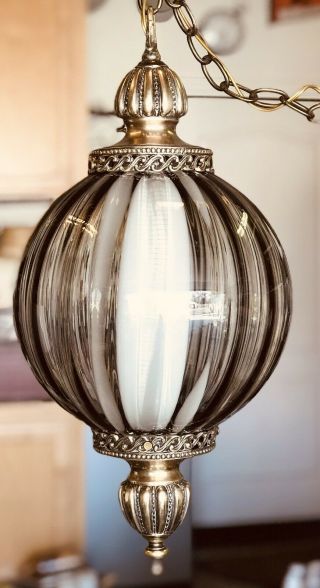 Vintage Mid Century Retro Hanging Swag Light/lamp Smoked Glass Design.