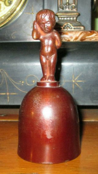 Vintage Metal Bell With Naked Boy Figural Handle - Bronze Colored