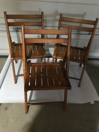 (3) Vintage Wooden Slat Folding Chairs Cabin Porch Collectible Mid - Century