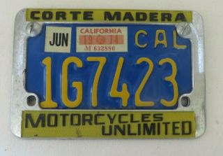Vintage California Motorcycle License Plate With Frame Corte Madera California