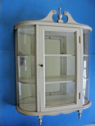 Vintage White Butler Curved Glass Curio Display Case Mirror Wall Shelf Cabinet