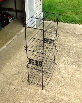 Vintage Mid Century Modern 4 Shelf Black Wire Metal Stand Storage Racks Atomic