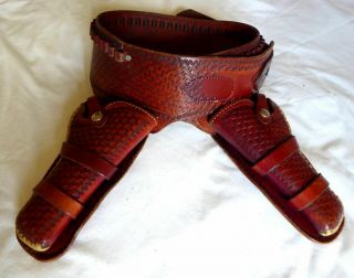 Vtg Eubanks Tooled Leather Western Double Holster Cartridge Belt Set.  22 Cal Sa