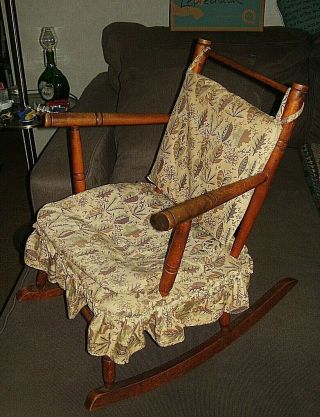 Vintage Child ' s Wooden Cricket Rocking Chair w Skirt and Cushions - EUC 2