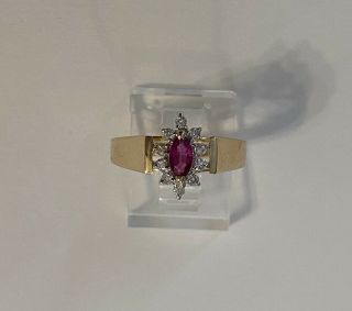 Vintage 14k Yellow Gold Red Ruby & Diamond Halo Ring