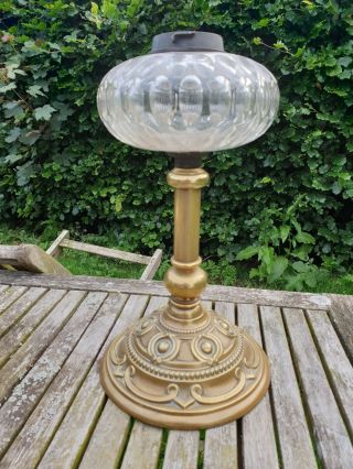 Art Nouveau Brass Table Oil Lamp Cut Glass Crystal Bowl