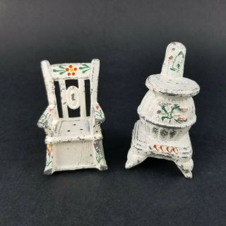 Vintage Cast Iron White Rocking Chair Pot Belly Stove Salt And Pepper Shaker Set