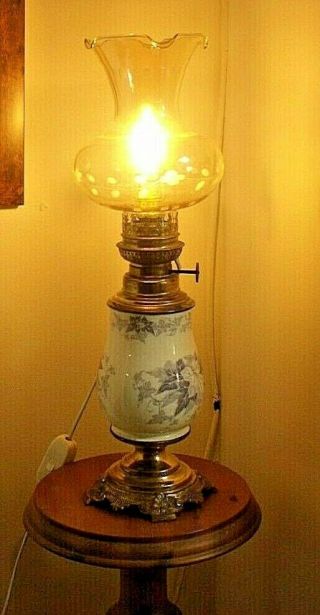 Vintage Oil Lamp Converted To Electric Brass & Ceramic Etched Glass Shade 19 "