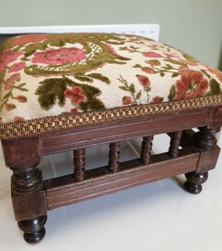 Antique Small Mahogany Turned Wood Upholster Foot Stool