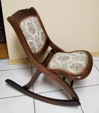 Antique Vtg Solid Wood Tapestry Victorian Folding Rocking Chair - Retro Art Deco