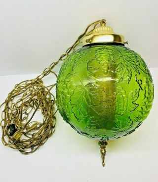 Vintage Green Glass Embossed Grapes And Leaves Hanging Swag Lamp 10 " Diameter