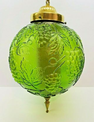 Vintage Green Glass Embossed Grapes And Leaves Hanging Swag Lamp 10 