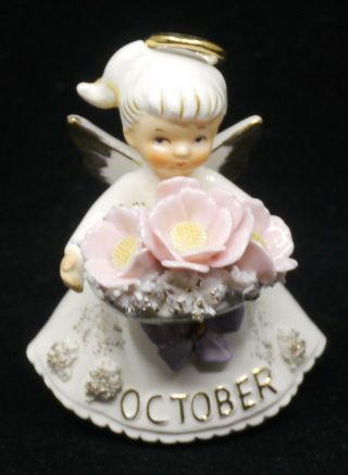 Old Lefton China October Birthday Angel Figurine,  Cosmos Rose Zircon,  Flowers