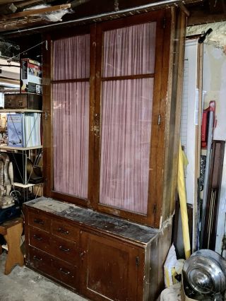 Circa 1910 - 20 Antique Oak Stepback Cupboard School Science Lab Cabinet 86” X 48”