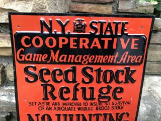 Vtg 1940s NY State Cooperative Game Management Area Embossed Metal Sign 14” NOS 2
