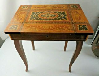 Italian Inlaid Marquetry Wood Musical Jewelry Sewing Table & Music Box