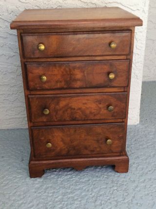 Antique Miniature Diminutive Chest Of Drawers Walnut & Burl Draw Fronts.