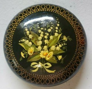 Vintage Russian Black Lacquer Hand Painted Signed Round Trinket Box