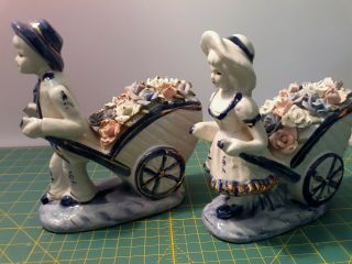 Porcelain Boy And Girl Pulling Flower Cart/blue & White/gold Accent