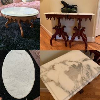 Victorian Style Eastlake Marble Top Parlor Side Tables & Petite Coffee Table